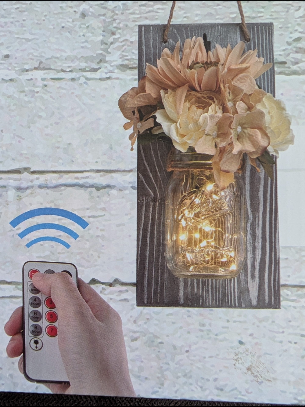 (A) Mason Jar Wall Sconces with Soft Beige Flowers and Fairy Lights